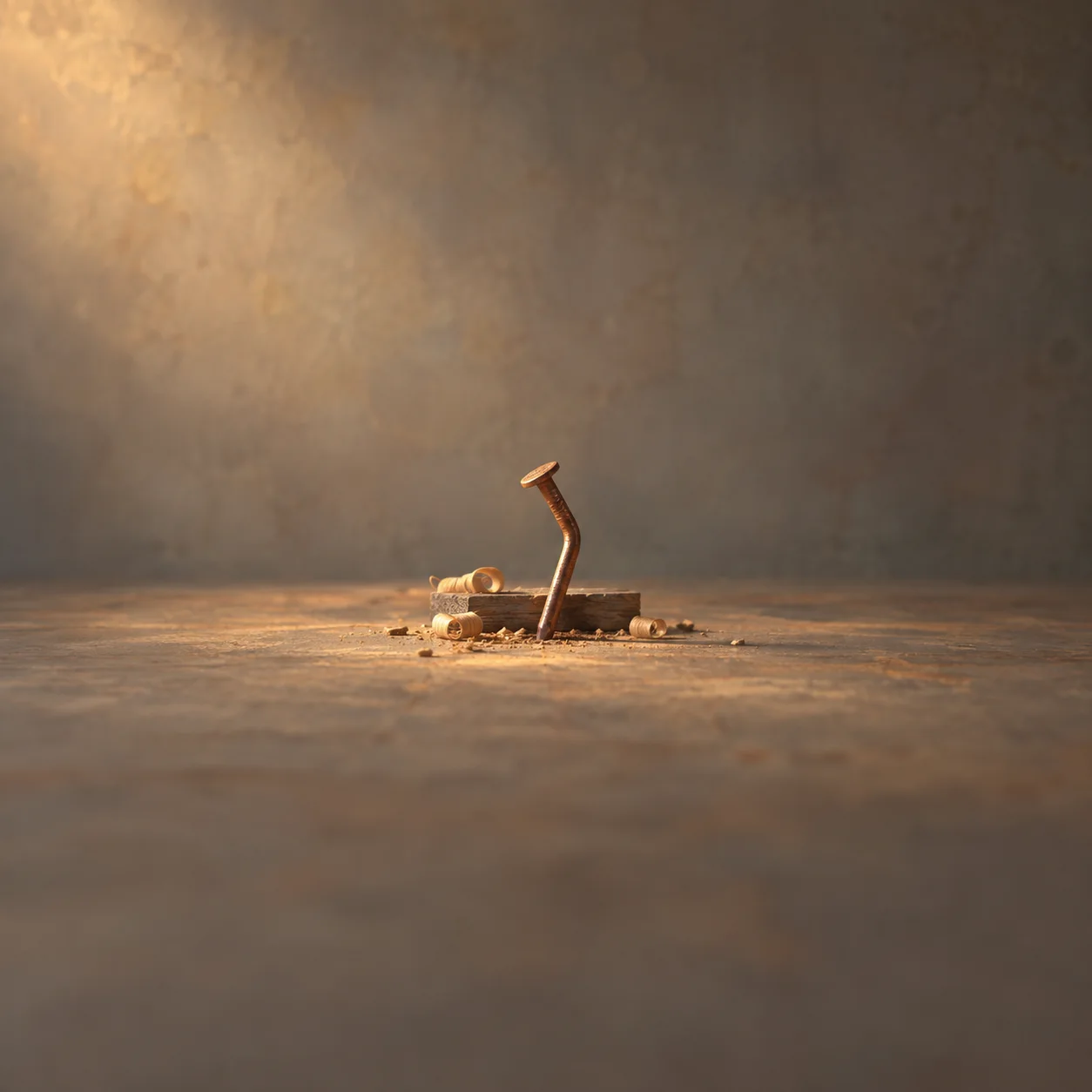 A bent nail stands in a small piece of wood surrounded by curled shavings in warm workshop light.