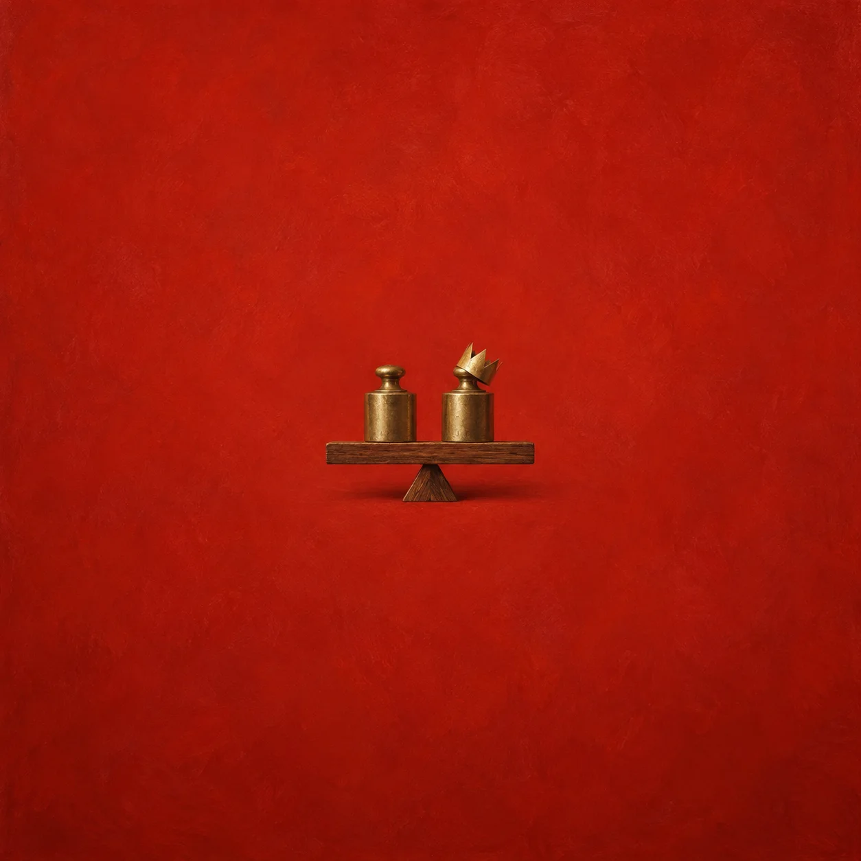 Two brass weights balance on a wooden beam, with a small paper crown perched on one.