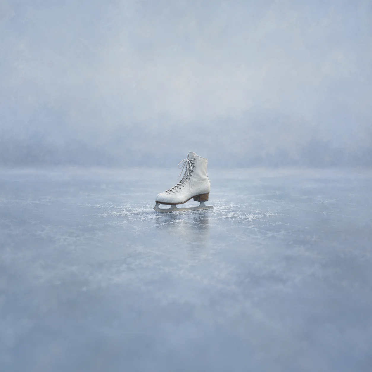 A white ice skate rests on a pale blue layer of frost.