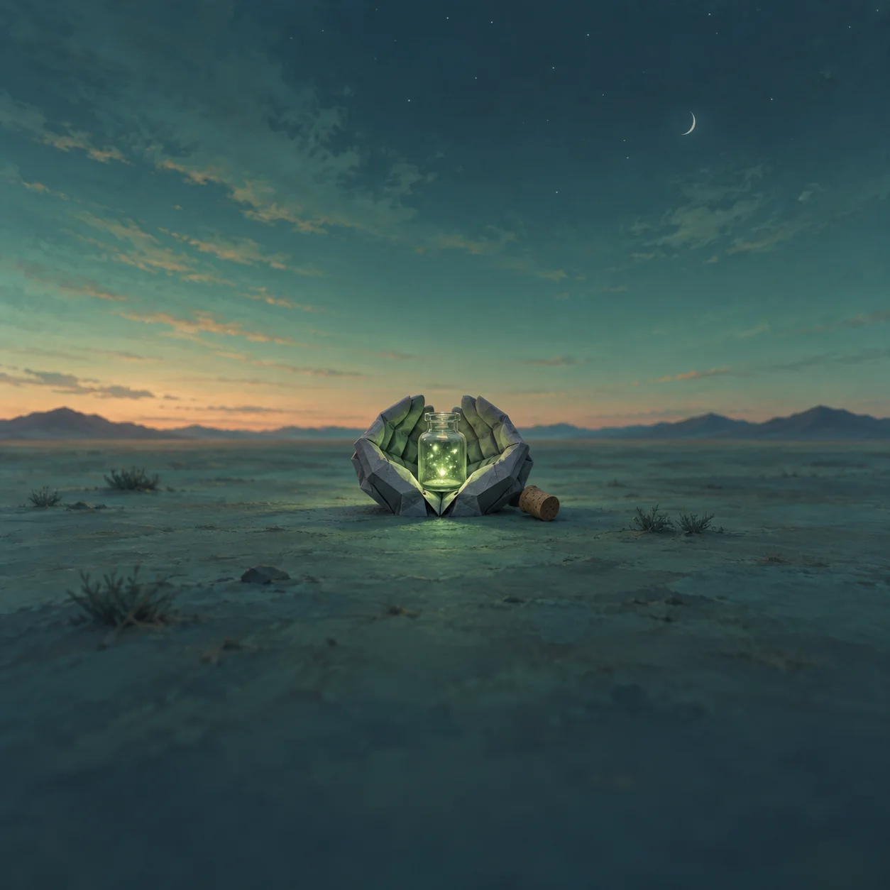 A glass jar glowing green between two folded gray hands on a dusky landscape, with a cork nearby and a crescent moon above.