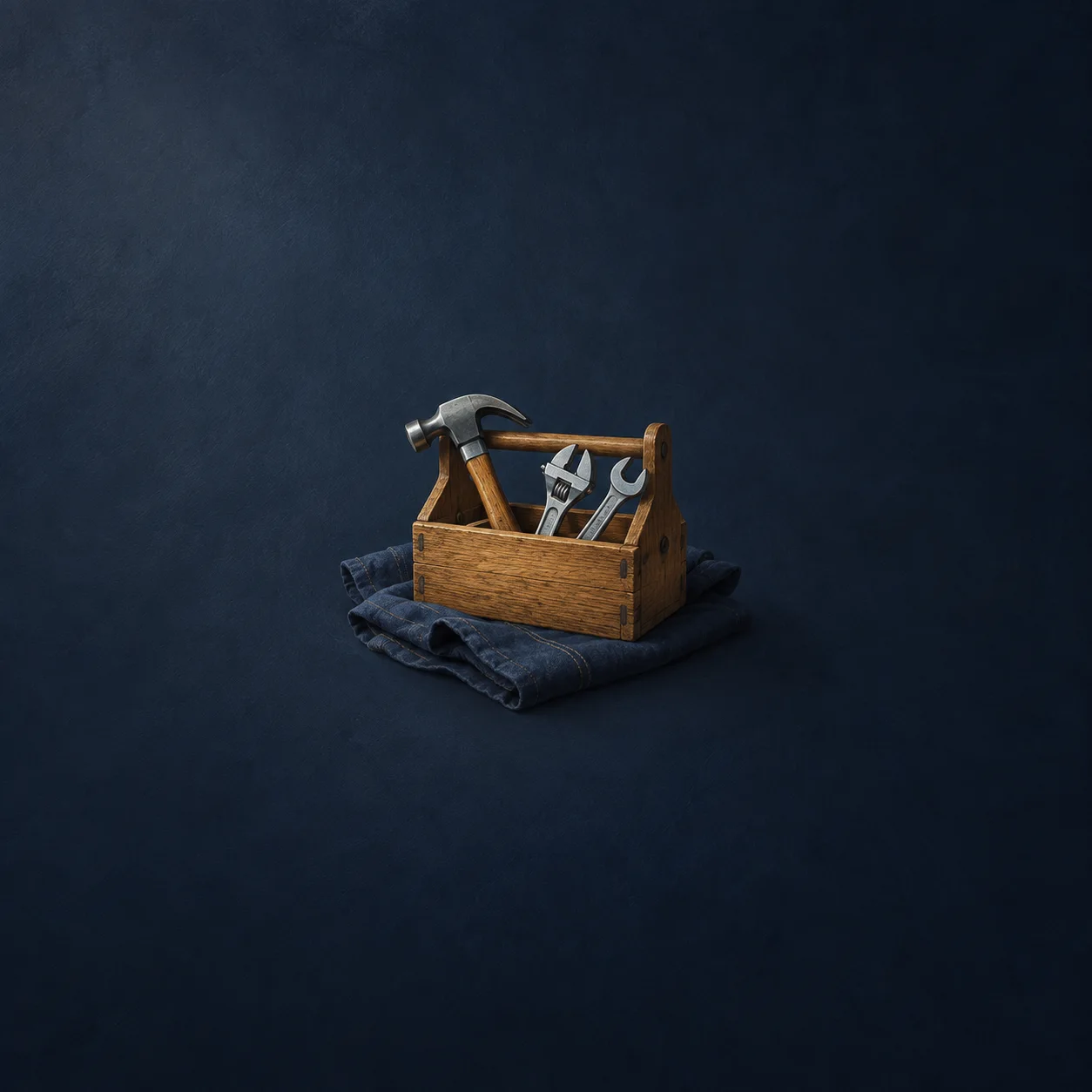 An open wooden toolbox holding a hammer and wrenches on folded navy canvas.