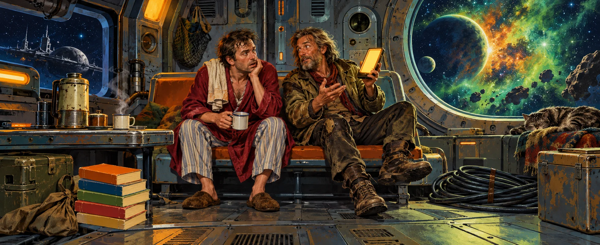 A man in a striped dressing gown and a scruffy companion talk in a spaceship lounge before a window full of stars.
