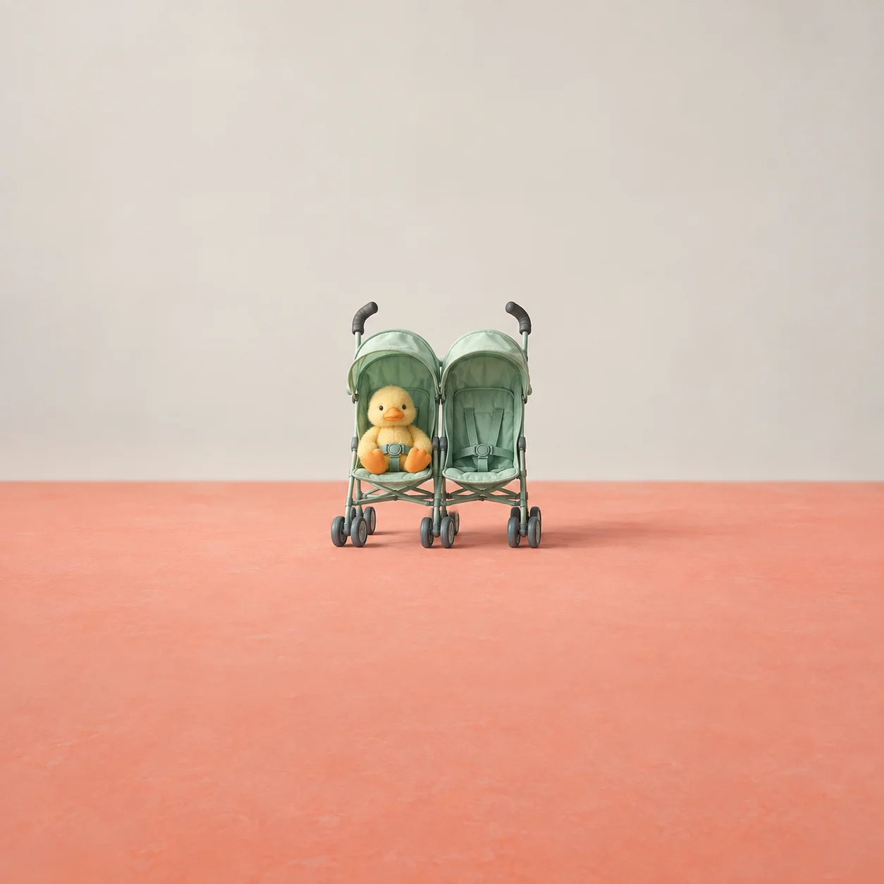 A mint-green twin stroller holds a yellow plush duck in one seat while the other is empty.