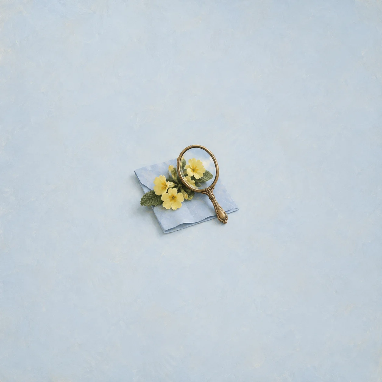 A brass hand mirror reflecting yellow flowers beside folded pale blue paper.