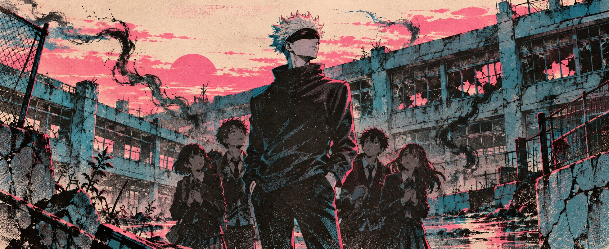 A blindfolded white-haired sorcerer in black stands before a ruined school with his young students in pink dusk.