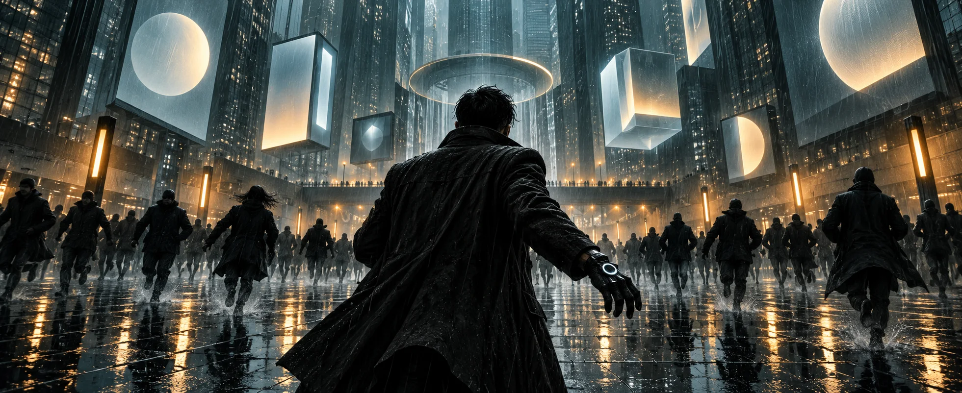 A man in a long coat runs through a rain-slick futuristic plaza among a fleeing crowd, floating screens overhead.