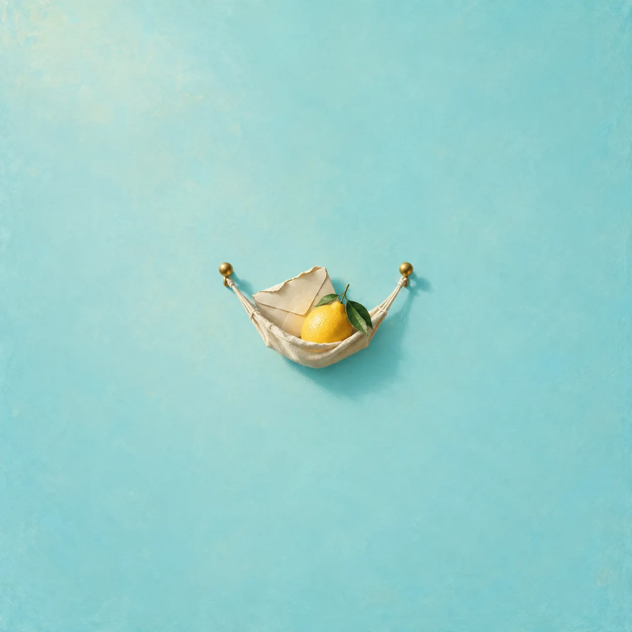 A little canvas hammock between two brass pins holding a torn envelope on a yellow and turquoise background.