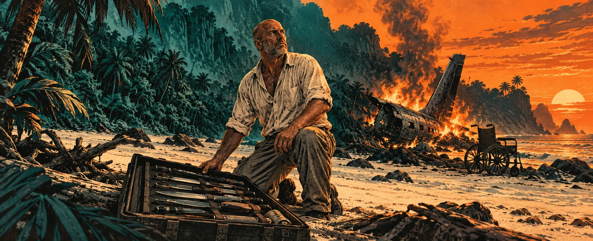 A weathered bald man kneels by an open case of hunting knives on a jungle beach at sunset, airliner wreckage and an empty wheelchair burning behind him.