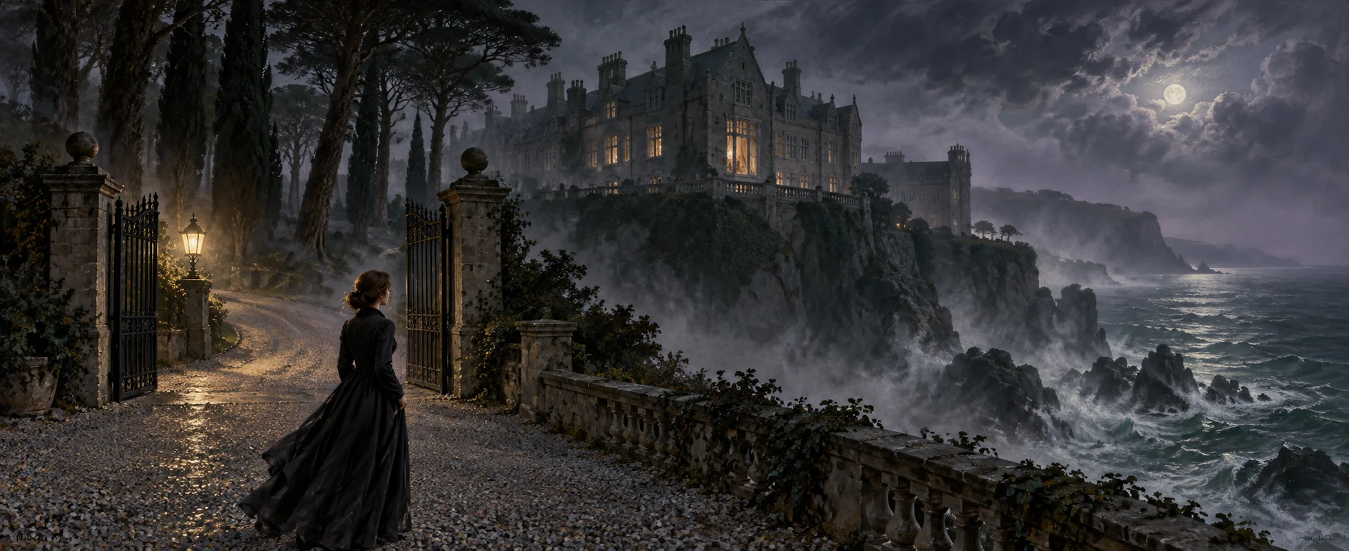 Gothic painting of a young woman in a dark dress on a gravel drive at night, looking toward a grey mansion on a cliff above a stormy sea, moonlight in the mist.