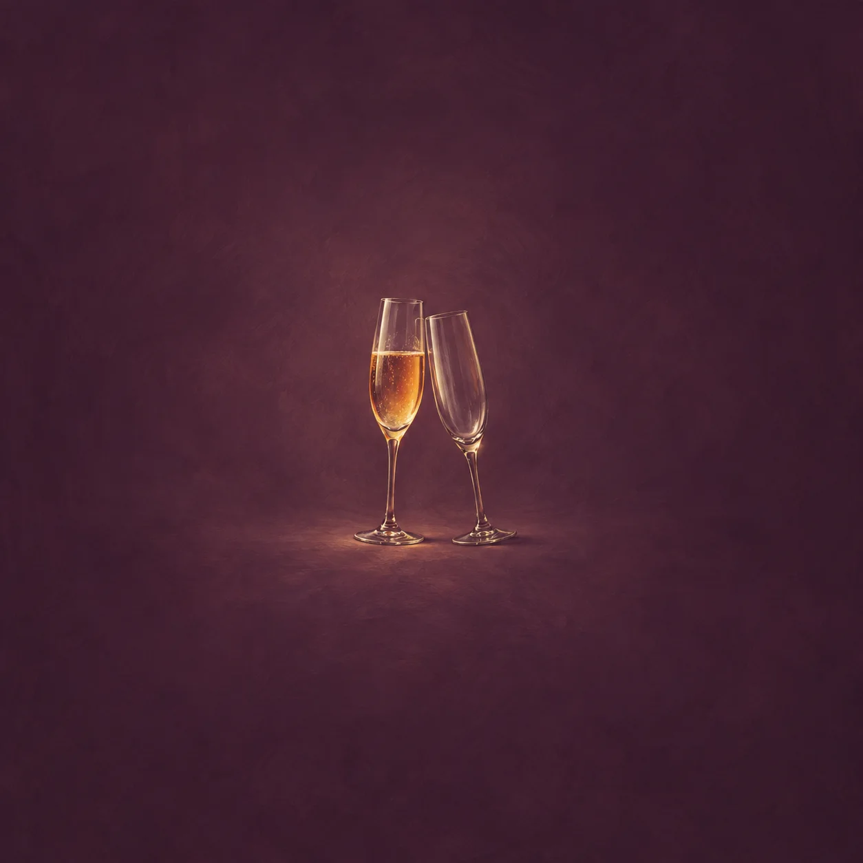 Two champagne flutes lean together, one partly filled with amber liquid, against a plum background.