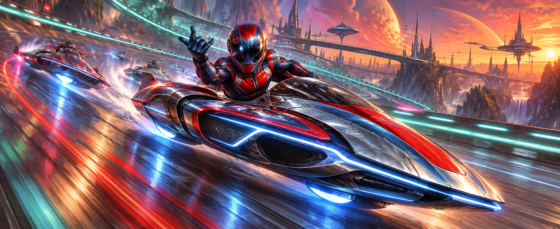 A racer in a red and blue helmet waves from a hover car tearing down a neon track toward a futuristic city.