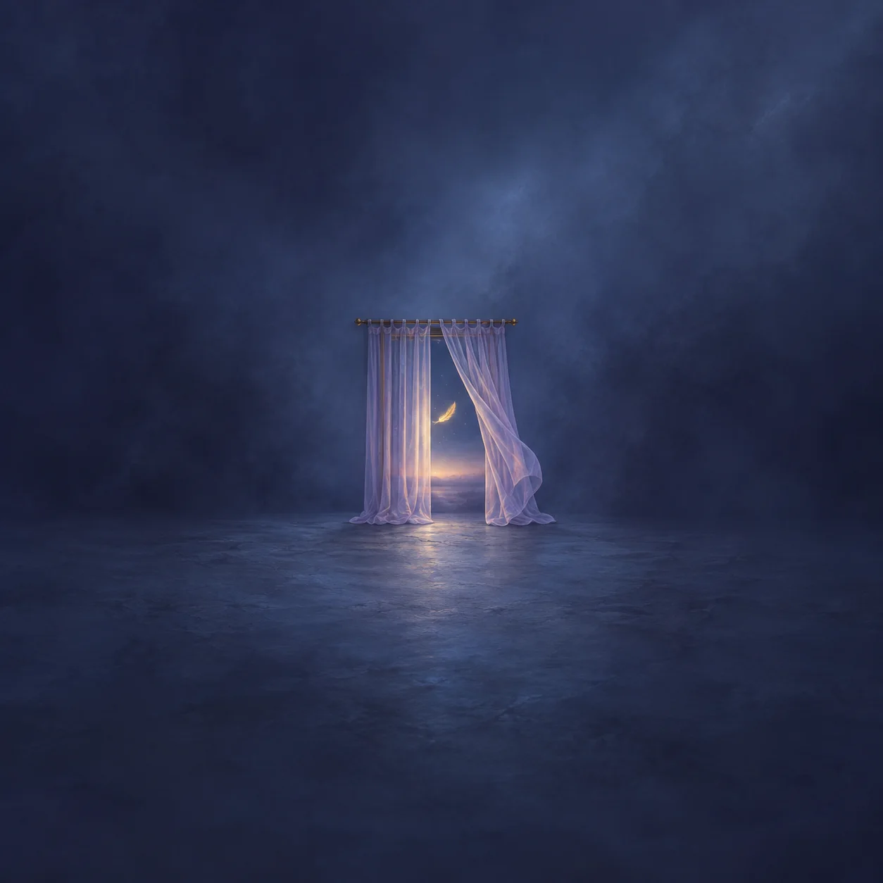 A lavender gauze curtain partly open with a small golden feather floating in the gap against an indigo background.