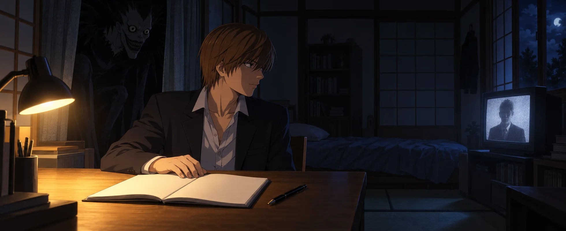 Anime illustration: a brown-haired young man in a dark blazer sits at a lamplit desk with an open notebook and pen, glancing aside while a grinning, wide-eyed skeletal creature lurks behind the curtain and a television shows a static-filled figure in a suit.