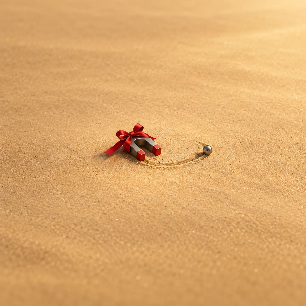 A red horseshoe magnet tied with a ribbon bow rests on sand beside a metal ball and a curved trail.