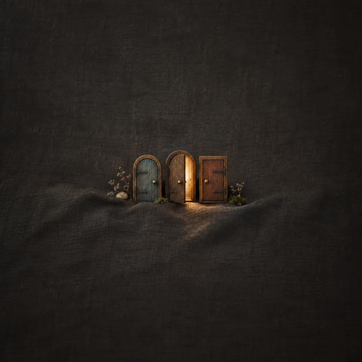 Three small wooden doors stand on dark textured fabric, with warm light shining through the partly open middle door.