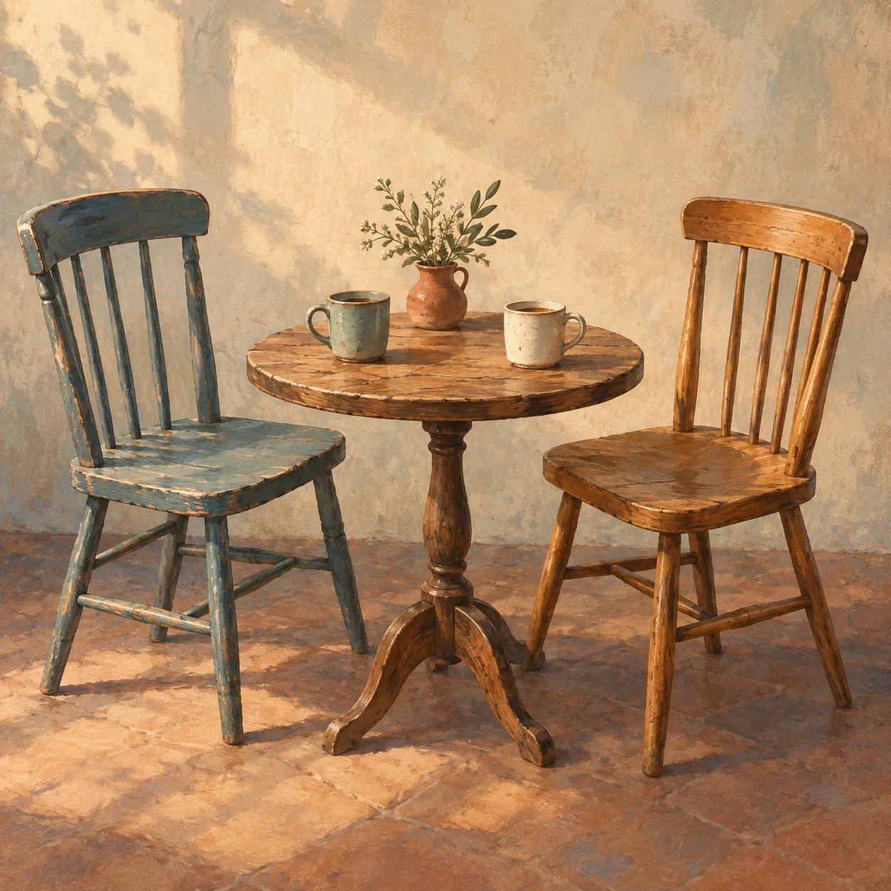 Two worn wooden chairs face a round table with two cups and a small vase in warm afternoon light.