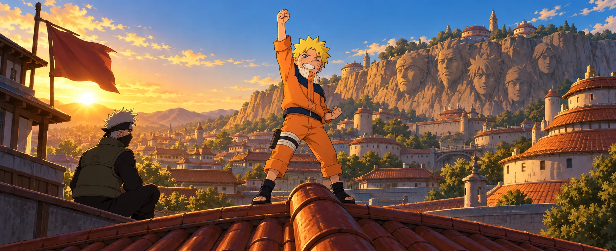 Anime illustration: a grinning blond boy in an orange tracksuit punches the air on a tiled rooftop at sunset, above a hillside village beneath a cliff carved with giant stone faces, while a masked, silver-haired man sits watching nearby.