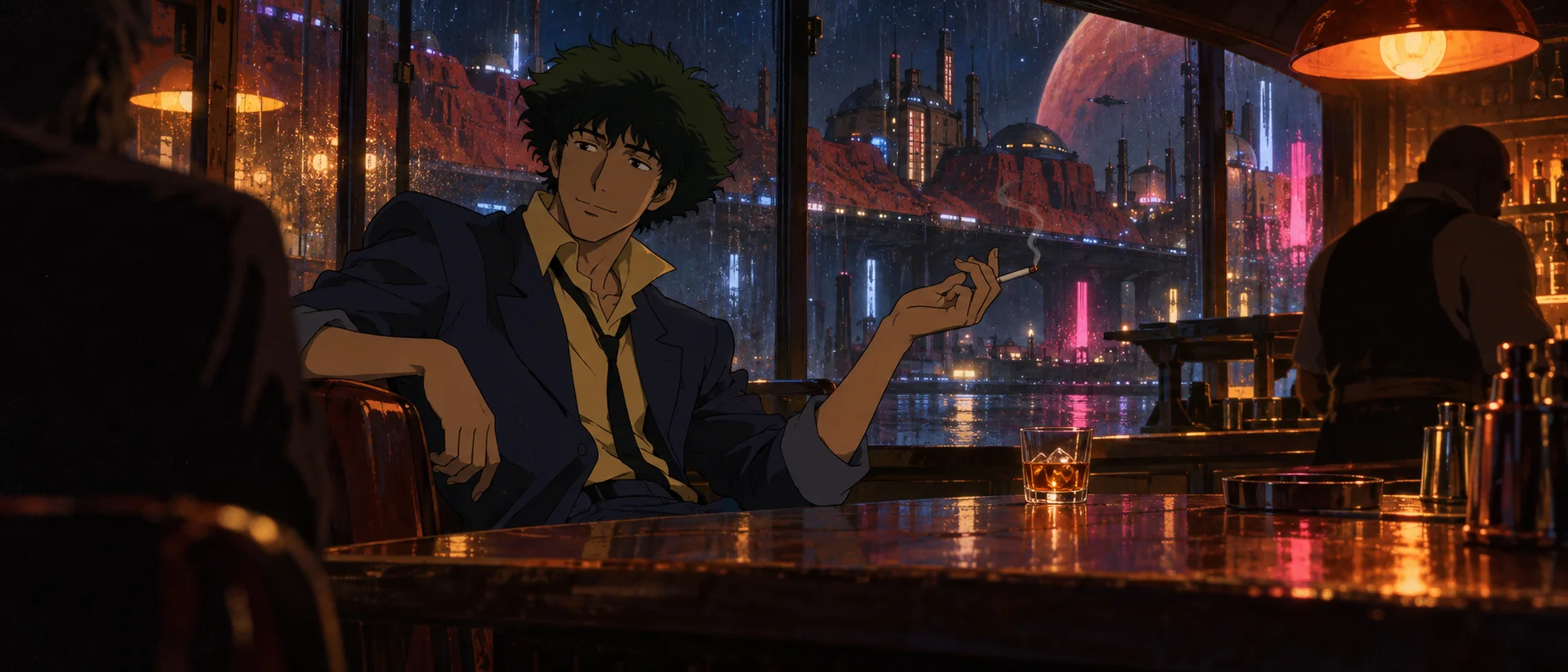 Anime illustration: a shaggy dark-haired man in a loose suit and yellow shirt lounges in a booth with a lit cigarette and a glass of whisky, smiling faintly, as rain streaks a window onto a neon-lit domed city and a huge red planet.