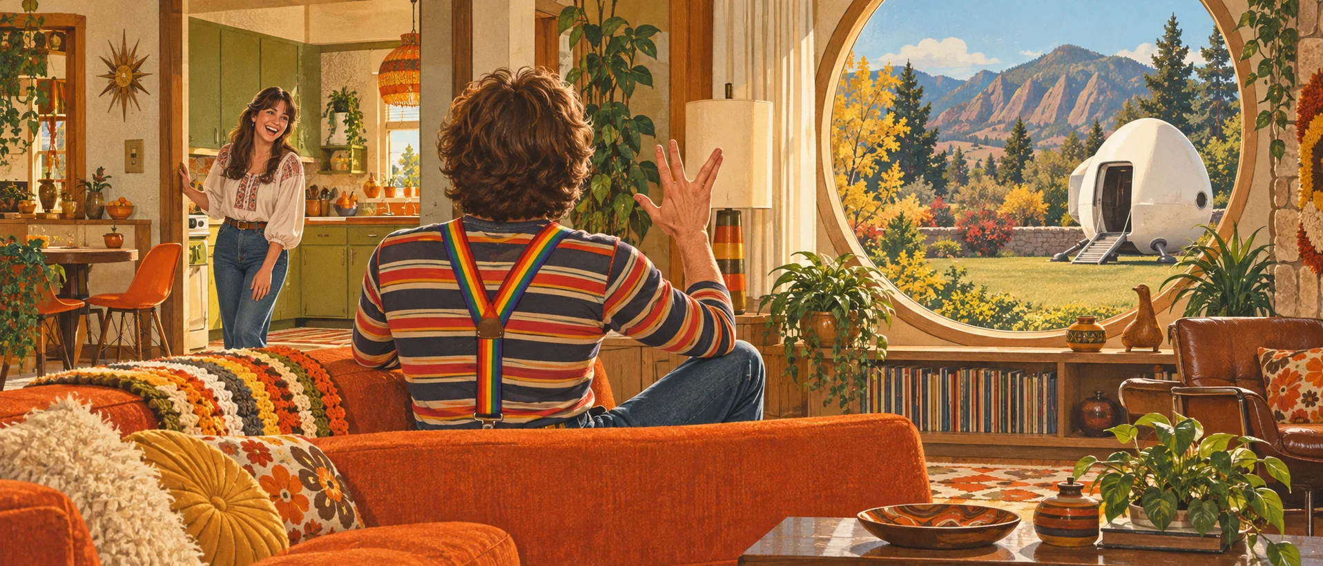 A curly-haired man in rainbow suspenders, seen from behind, gives a split-fingered salute in a 1970s living room as a white egg-shaped spacecraft sits on the lawn outside.