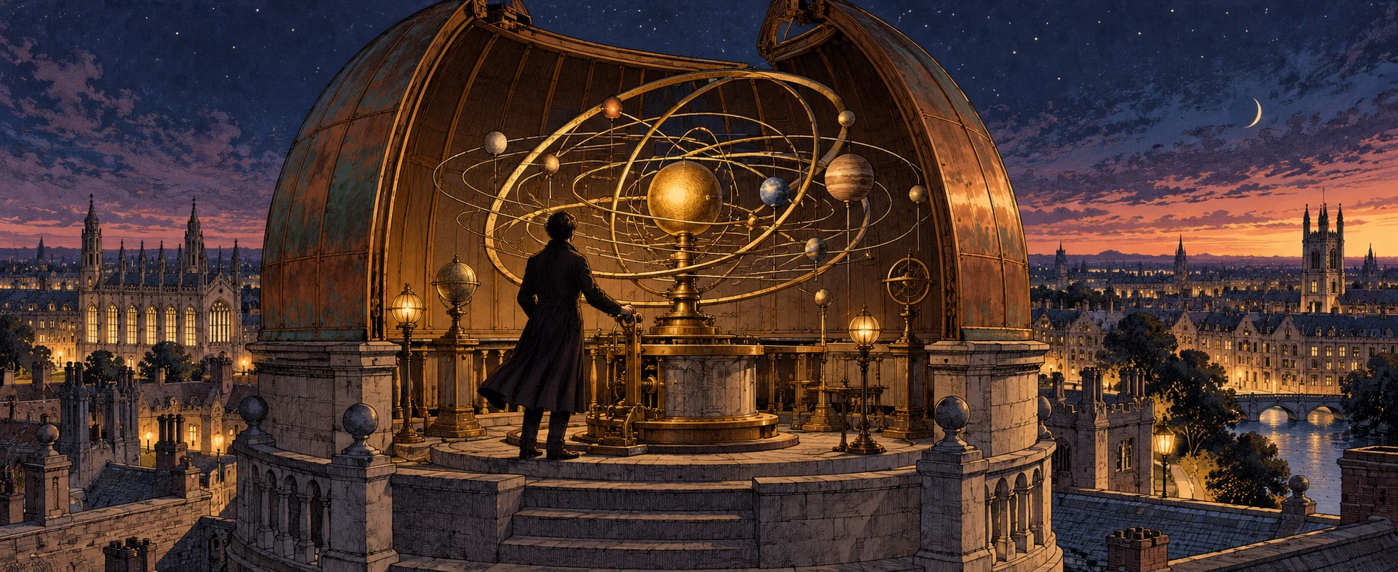 A figure in a long coat studies a great brass orrery in a rooftop observatory dome above a city of spires at dusk.