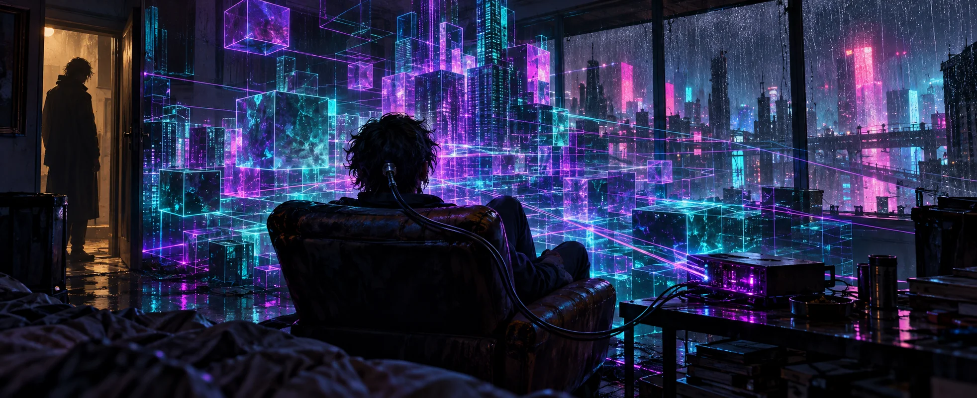 A figure in a dark room is jacked into a deck by a cable as a glowing grid of violet and teal data towers spills across the space.