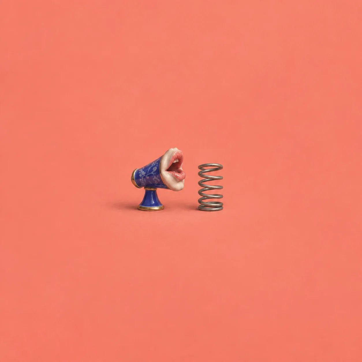A small blue megaphone with an open mouth at its rim stands beside a coiled metal spring.