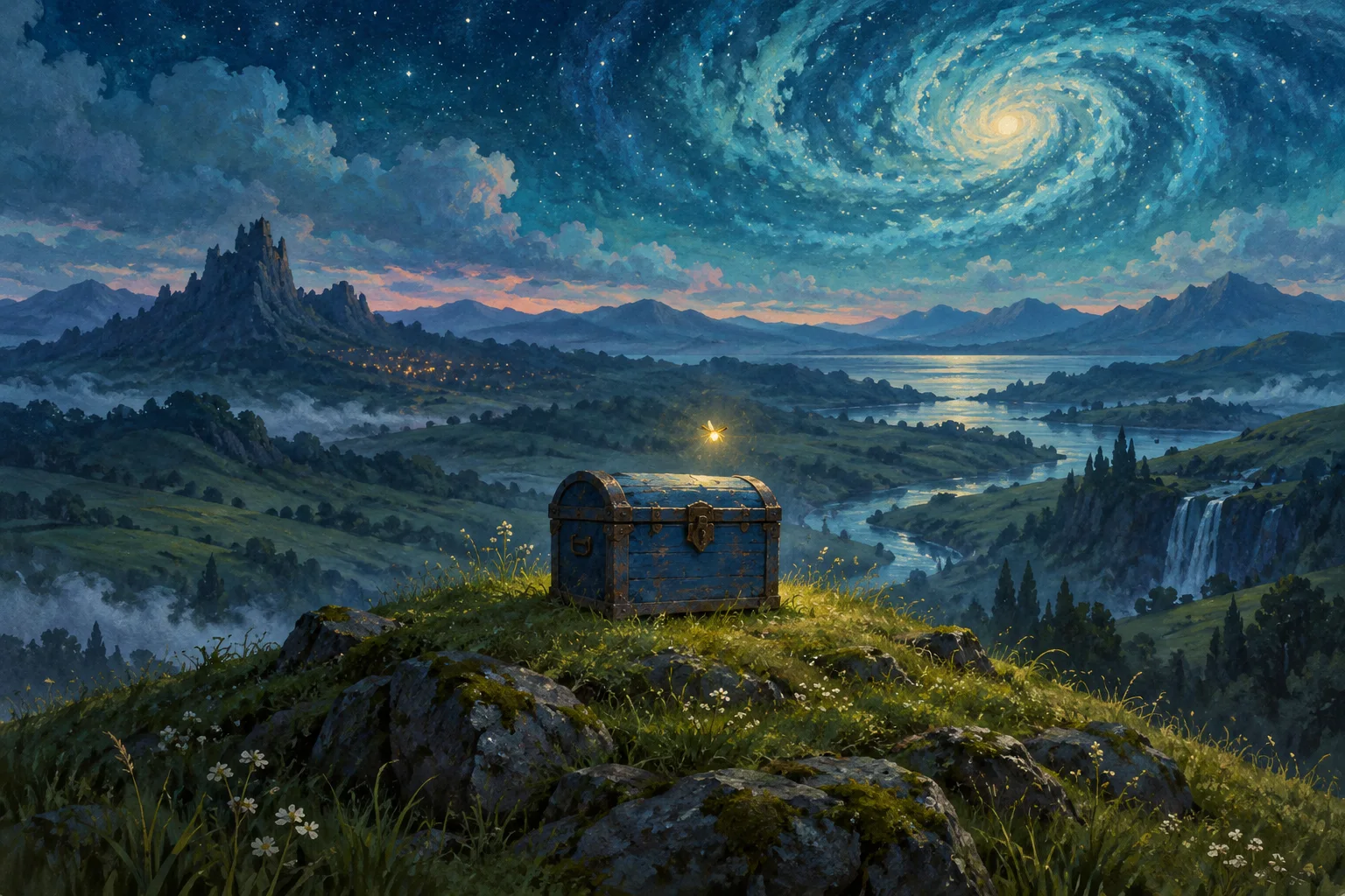 A small blue wooden chest rests on a grassy hill beneath a turquoise night sky, with a golden firefly above it.