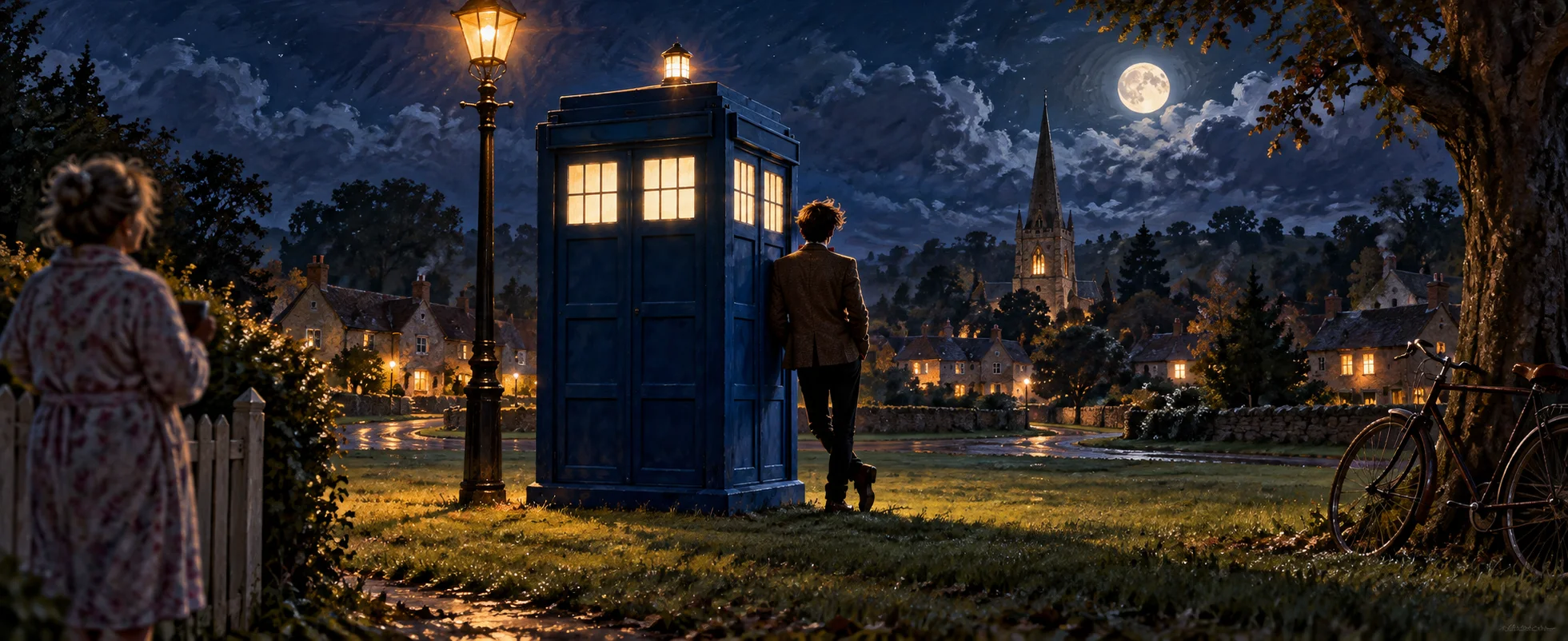 A man in a tweed jacket leans against a blue police box on a village green at night as a woman watches from a garden gate.