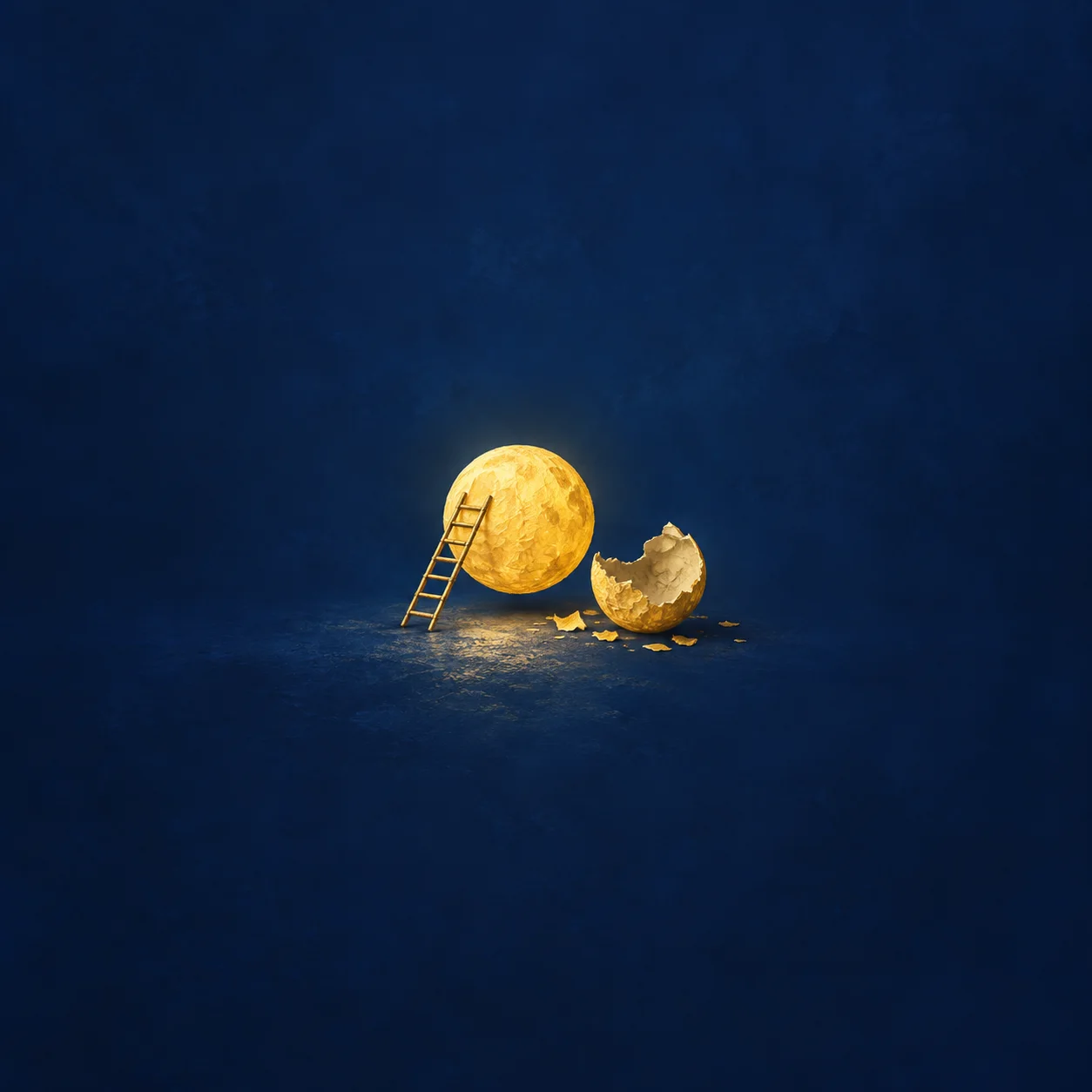 A small gold ladder against a yellow paper moon beside a cracked, empty second moon.