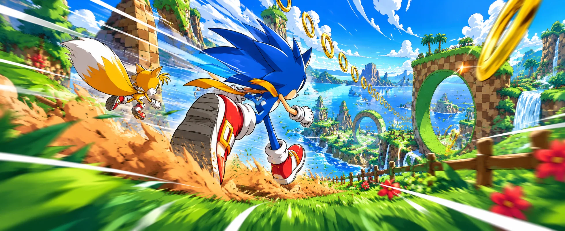 A blue hedgehog in red-and-white sneakers races across a green hill toward a golden loop and rings, a two-tailed fox close behind, with speed lines blurring the bright landscape.