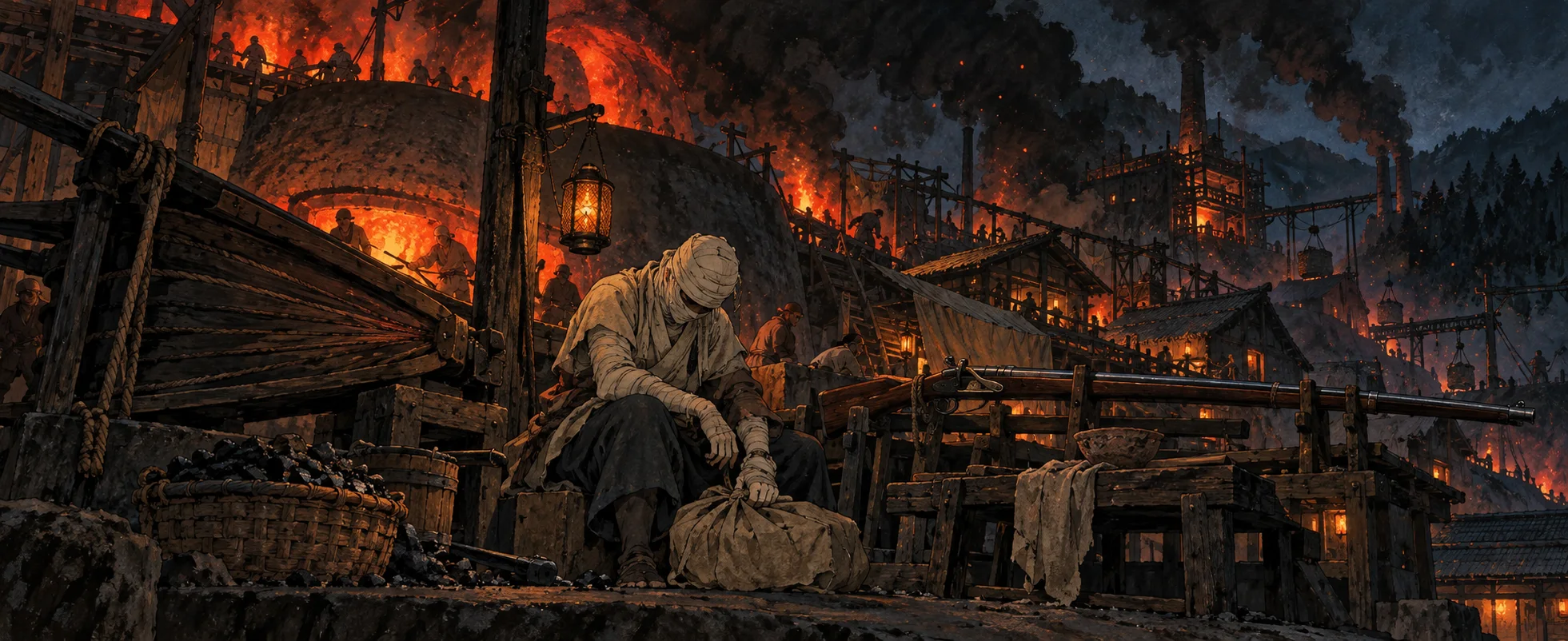 A figure wrapped in bandages sits wearily by the bellows of a fiery gun foundry at night, sparks and smoke rising over the ironworks.