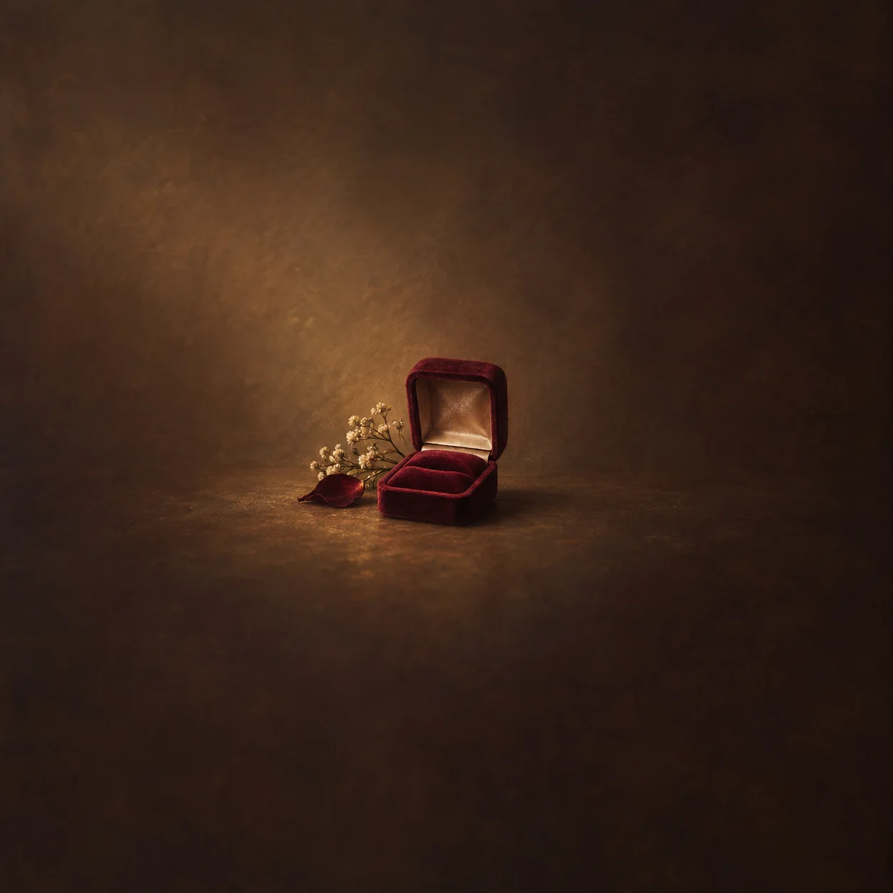 An open, empty burgundy velvet ring box rests beside a dried sprig and a red petal in warm light.