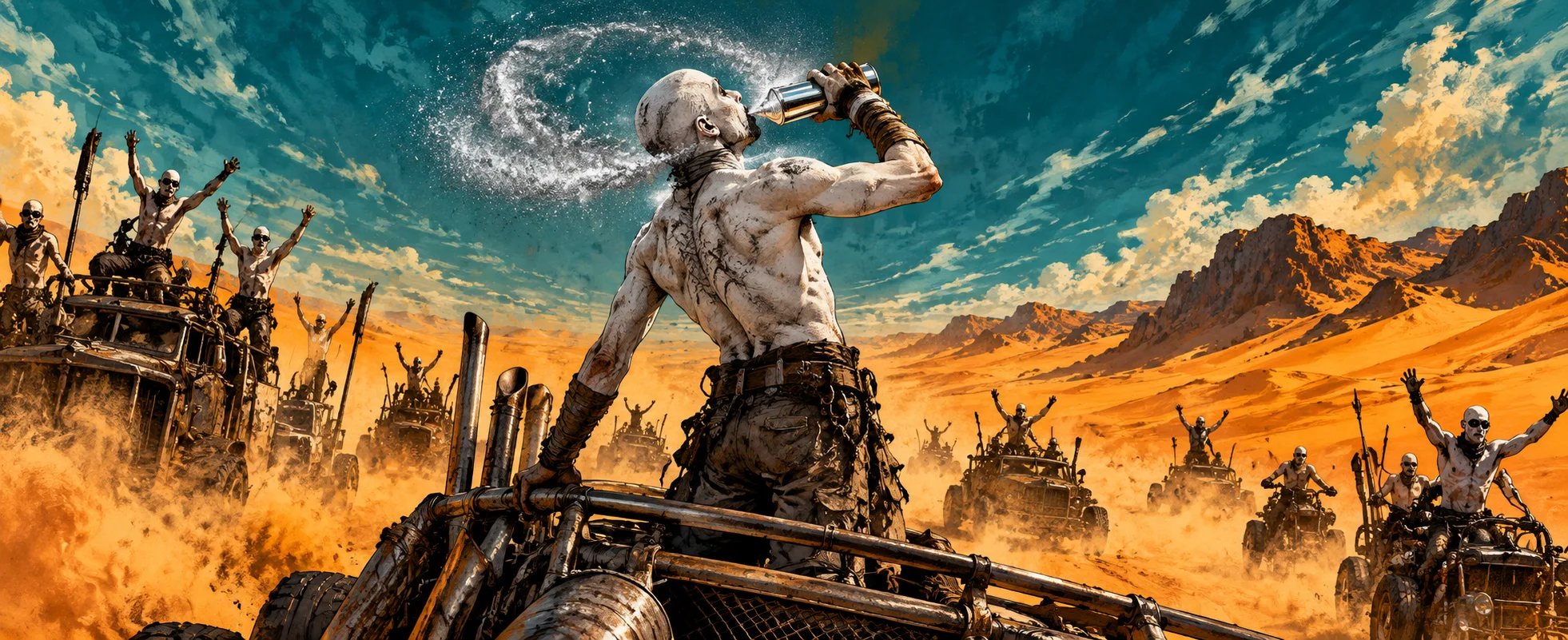 A shaven, white-painted war boy sprays chrome paint toward his mouth on a speeding desert vehicle as others raise their arms.