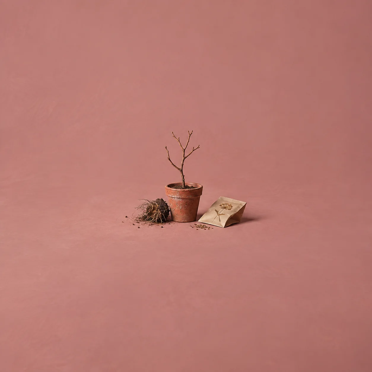 A bare sapling in a terracotta pot with exposed roots beside a folded paper packet on a dusty rose surface.