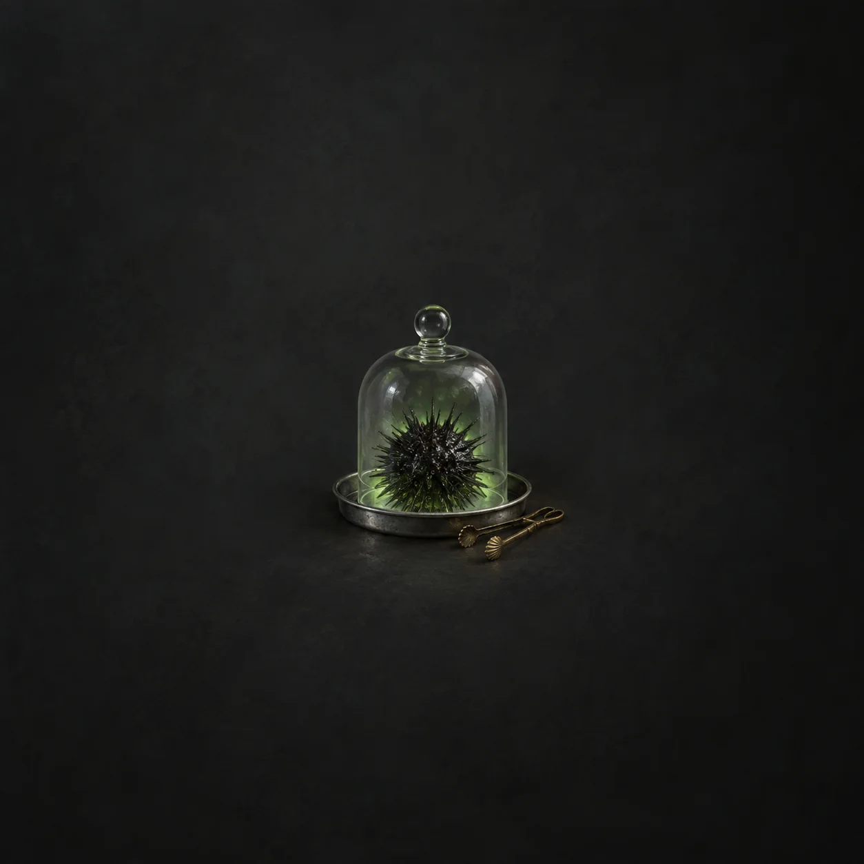 A black spiky object glows green beneath a glass bell jar, with small brass tongs beside its metal base.