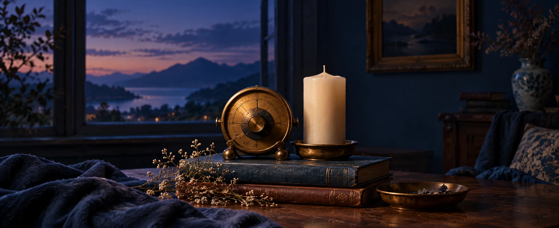 An engraved brass dial rests beside an unlit cream candle in a blue twilight room.