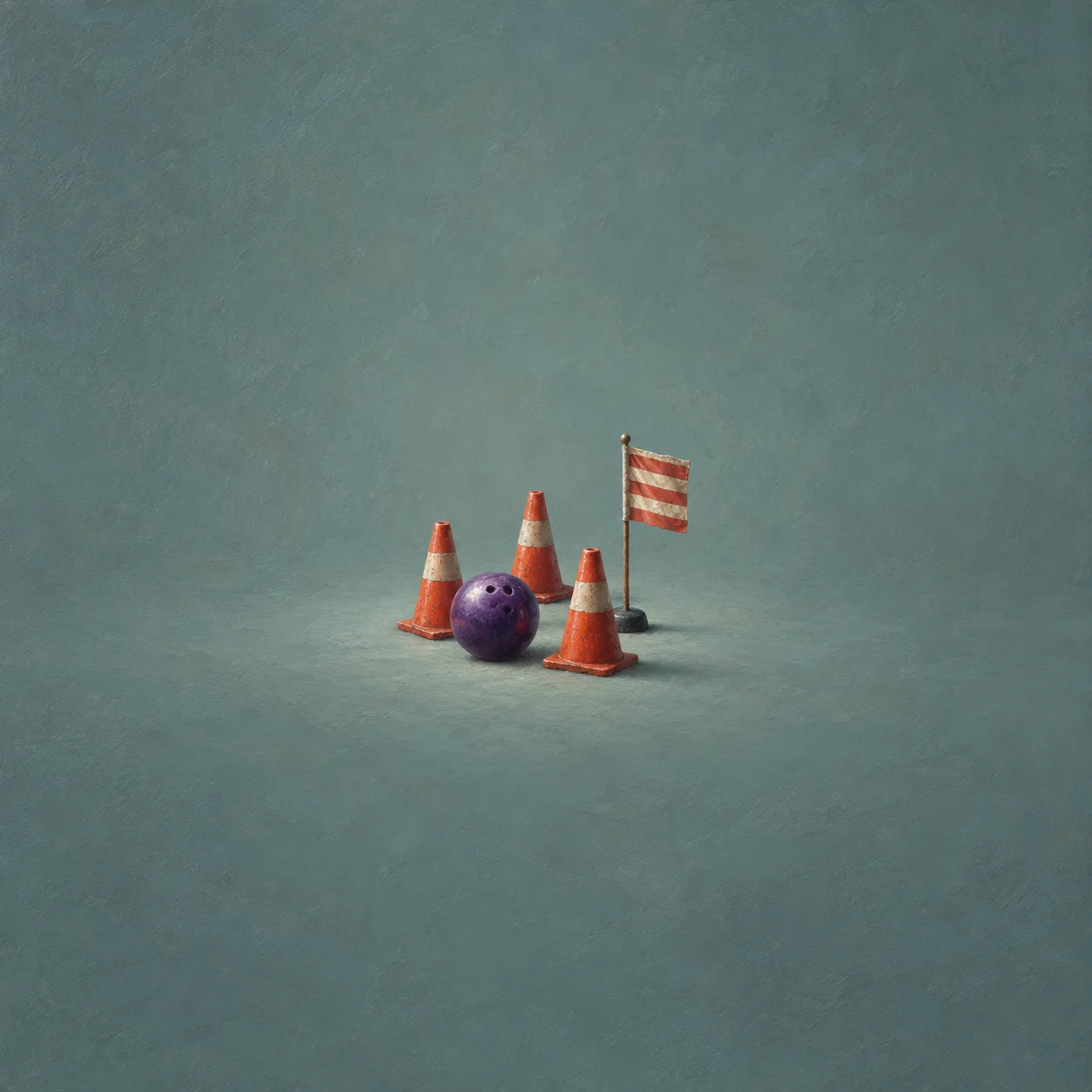 A purple bowling ball sits beside three orange cones and a small striped flag on grey-green ground.