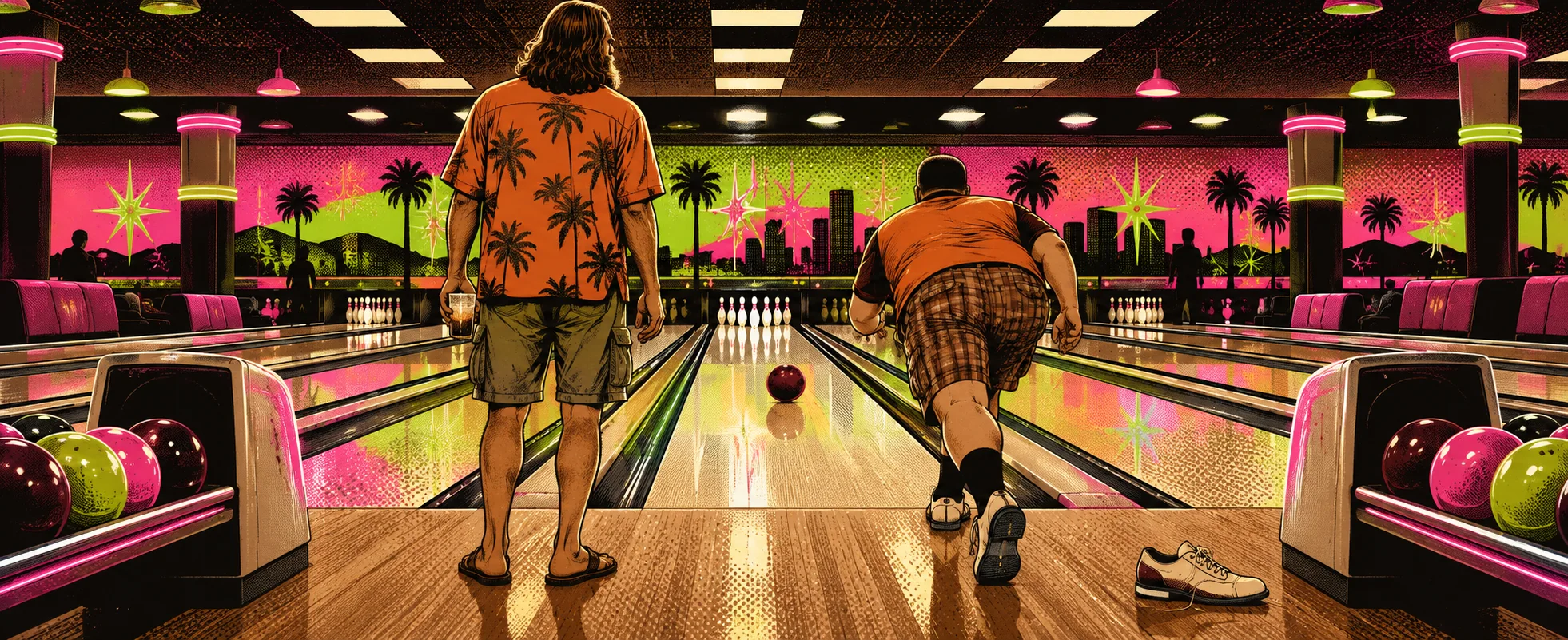 Two men stand at the foul line of a neon-lit bowling alley, one mid-throw, a scorecard dispute in the air.