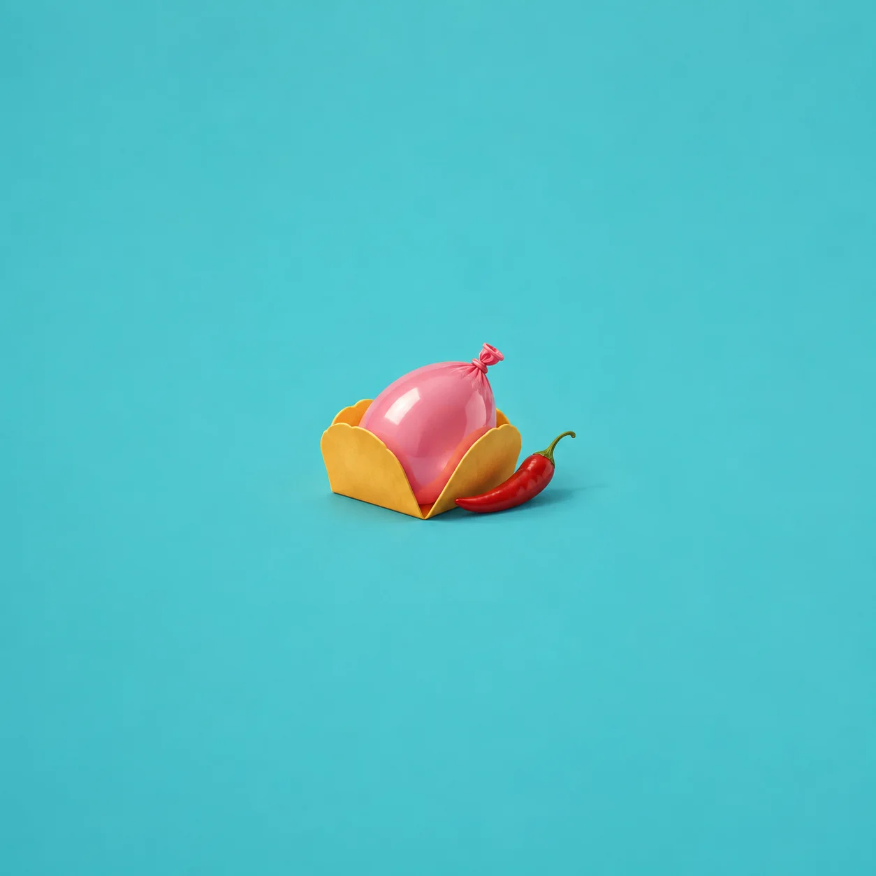 A pink balloon sits in a yellow taco-shaped holder beside a red chilli on turquoise.