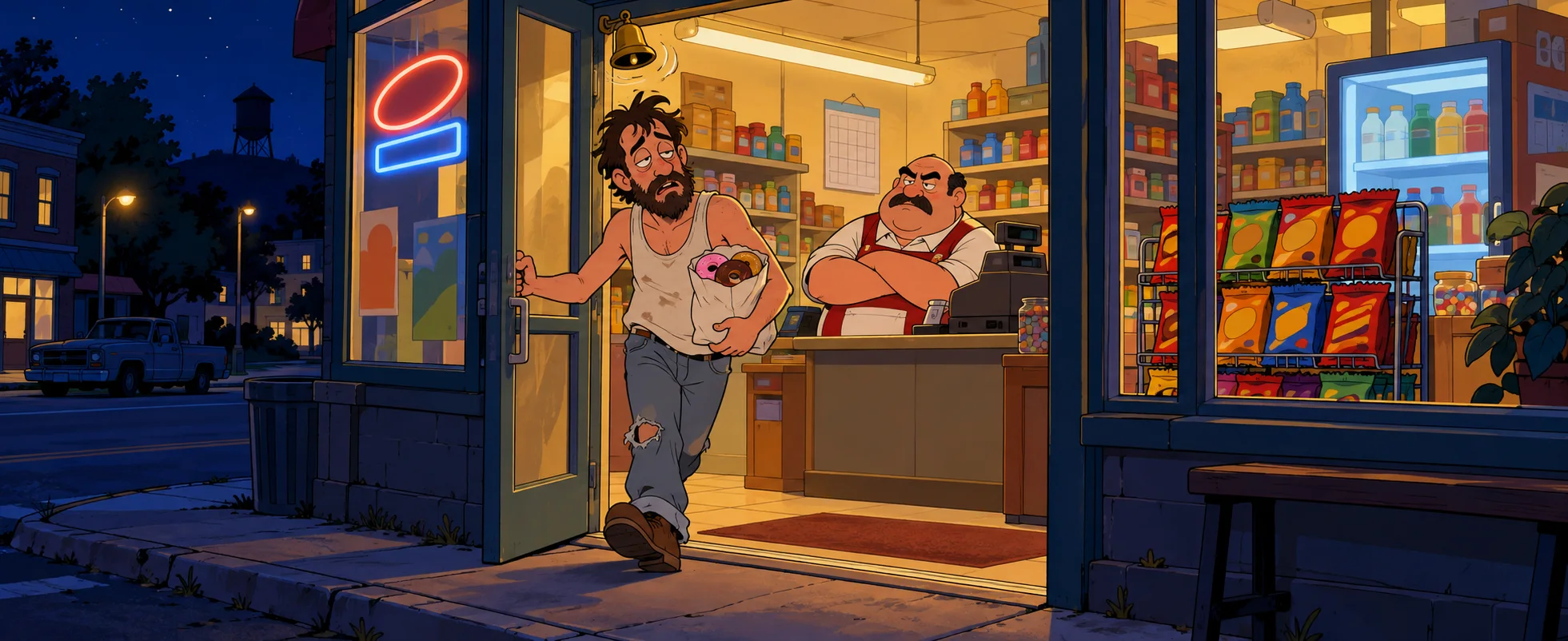 A scruffy man hurries out of a cartoon corner shop at night as the clerk behind the counter folds his arms.