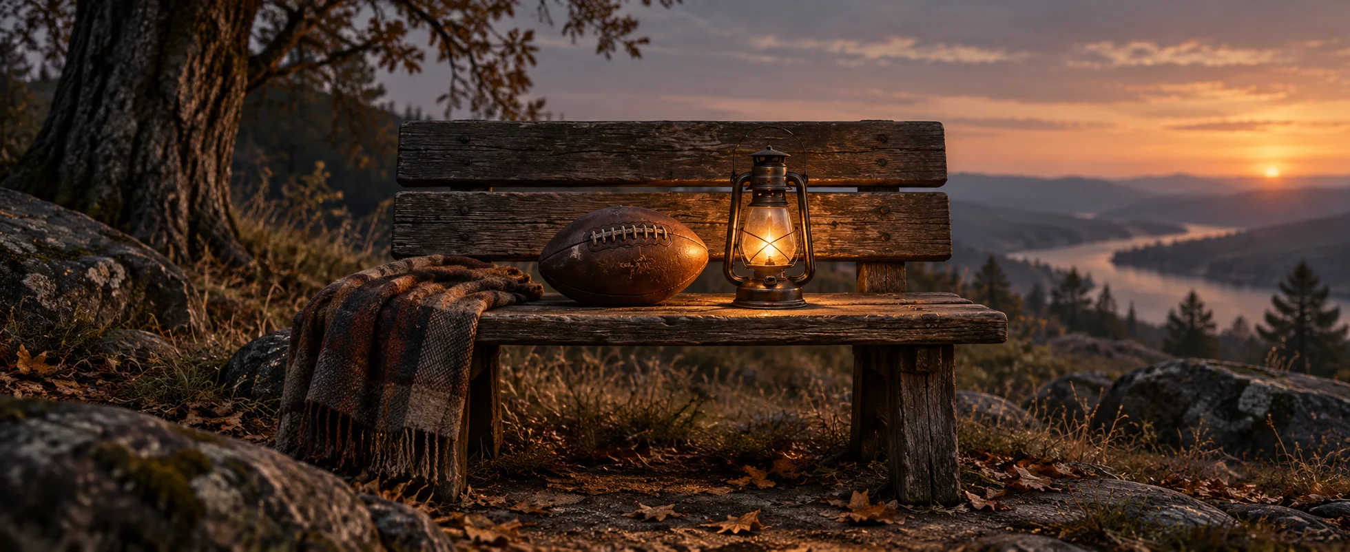 A worn leather football rests beside a plain amber lamp on an empty wooden bench.