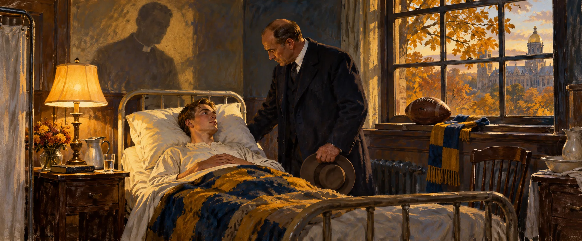 A football coach in a dark suit leans over a young player in a hospital bed, an autumn window and a football on the sill.
