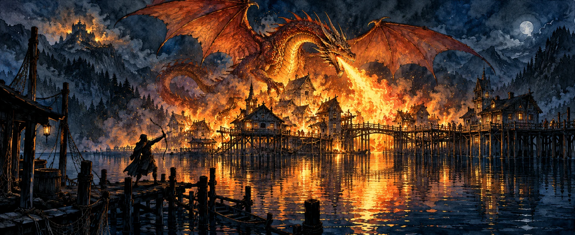 A great red-gold dragon breathes fire over a wooden lake town on stilts at night as an archer stands on the jetty below.