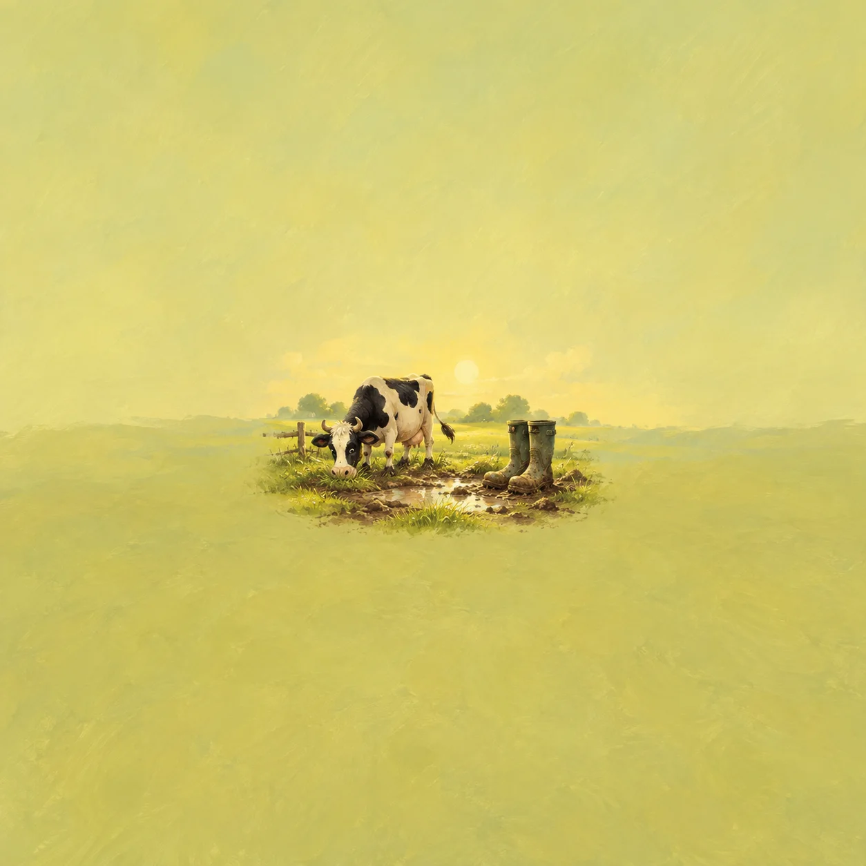 Painterly black and white cow beside muddy boots on a small grassy patch against yellow-green.
