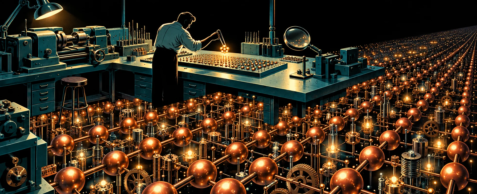 A figure at a workbench above a vast field of tiny copper machines and glowing components that stretches into the distance.
