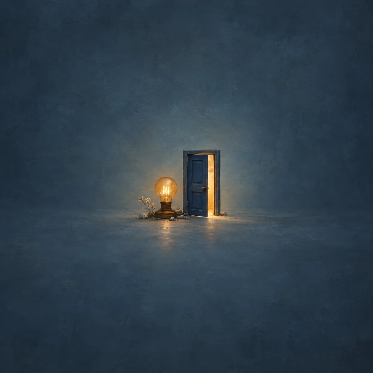 Painterly glowing amber bulb beside an ajar blue door spilling warm light against indigo.