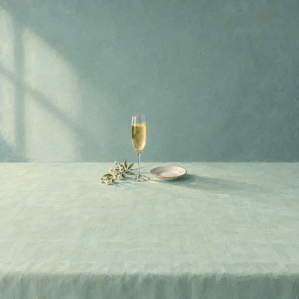 A tall flute of pale golden drink beside an empty white saucer and small white flowers on a mint-green tablecloth.