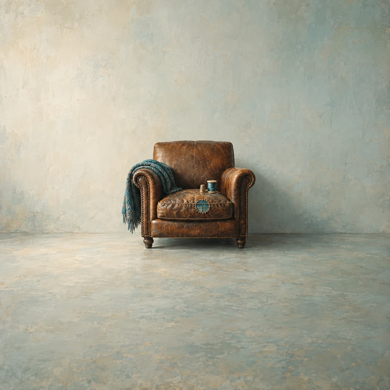 A worn brown leather armchair has a blue patch on its seat, a spool of thread on the cushion and a teal throw over one arm.