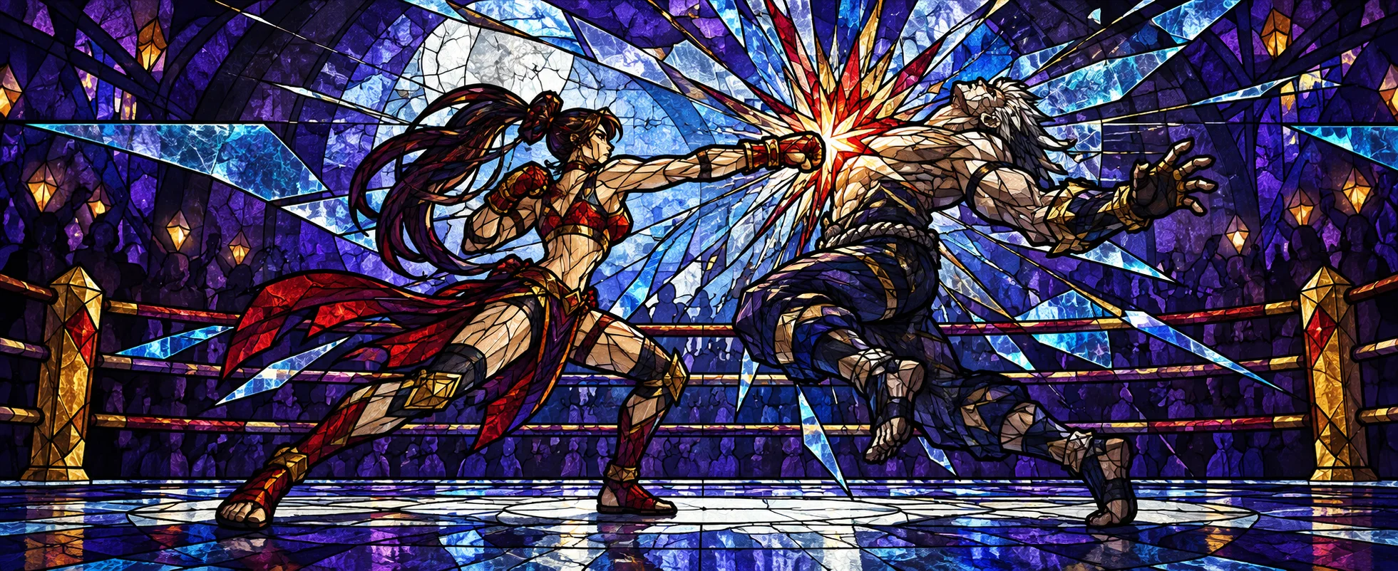 Two fighters trade a shattering blow in a ring drawn like stained glass.