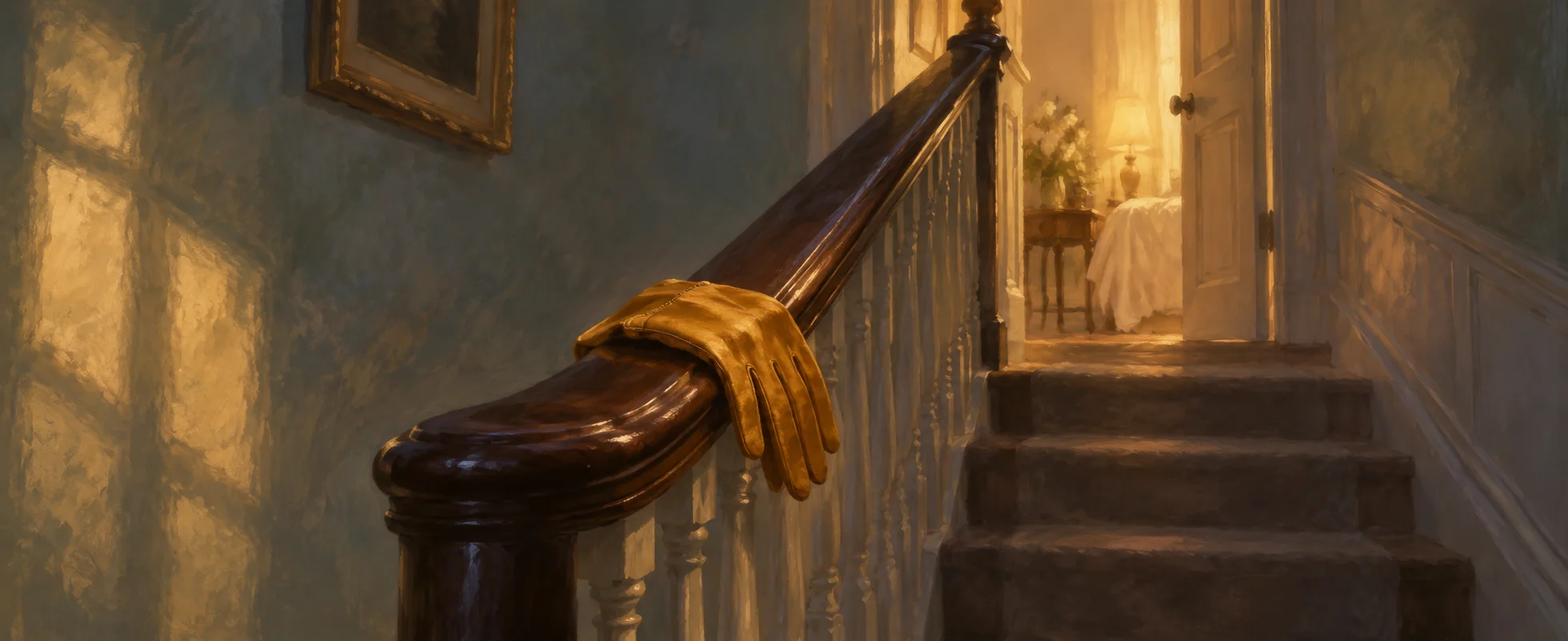A single amber glove rests on a polished banister leading toward a softly lit upstairs doorway.